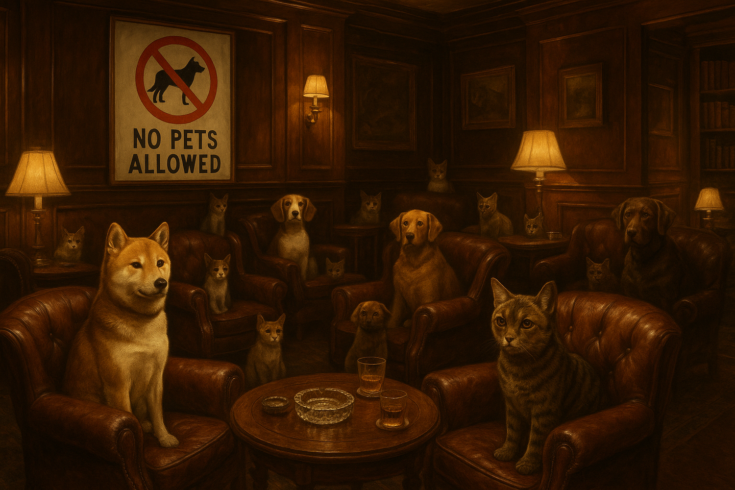 hunde und katzen in einer Zigarrenlounge mit einem Verbotzeichen