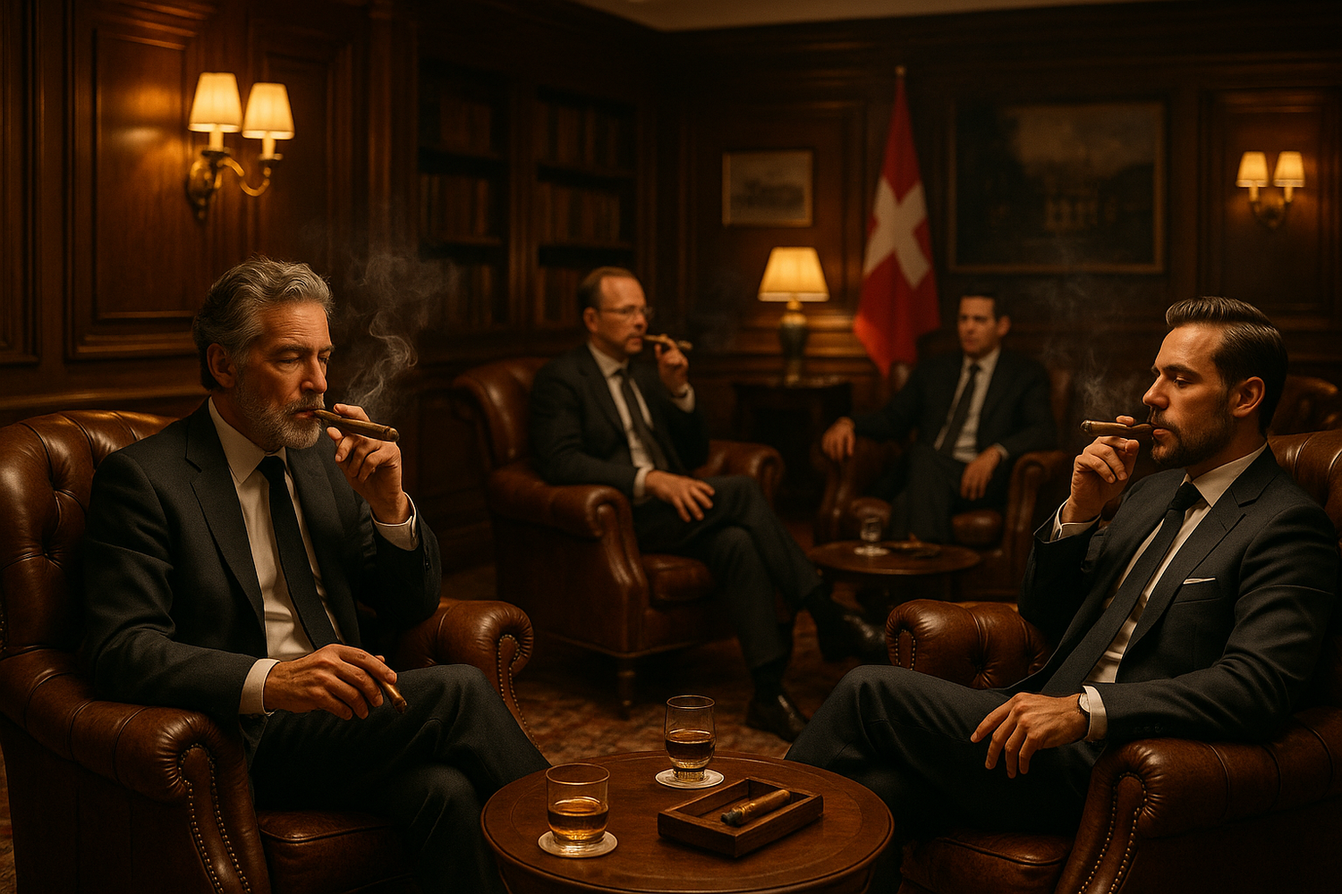 Zigarrenlounge in Basel mit bequemen sesseln und männer welche genüsslich eine zigarre geniessen