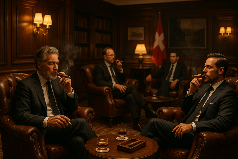 Zigarrenlounge in Basel mit bequemen sesseln und männer welche genüsslich eine zigarre geniessen